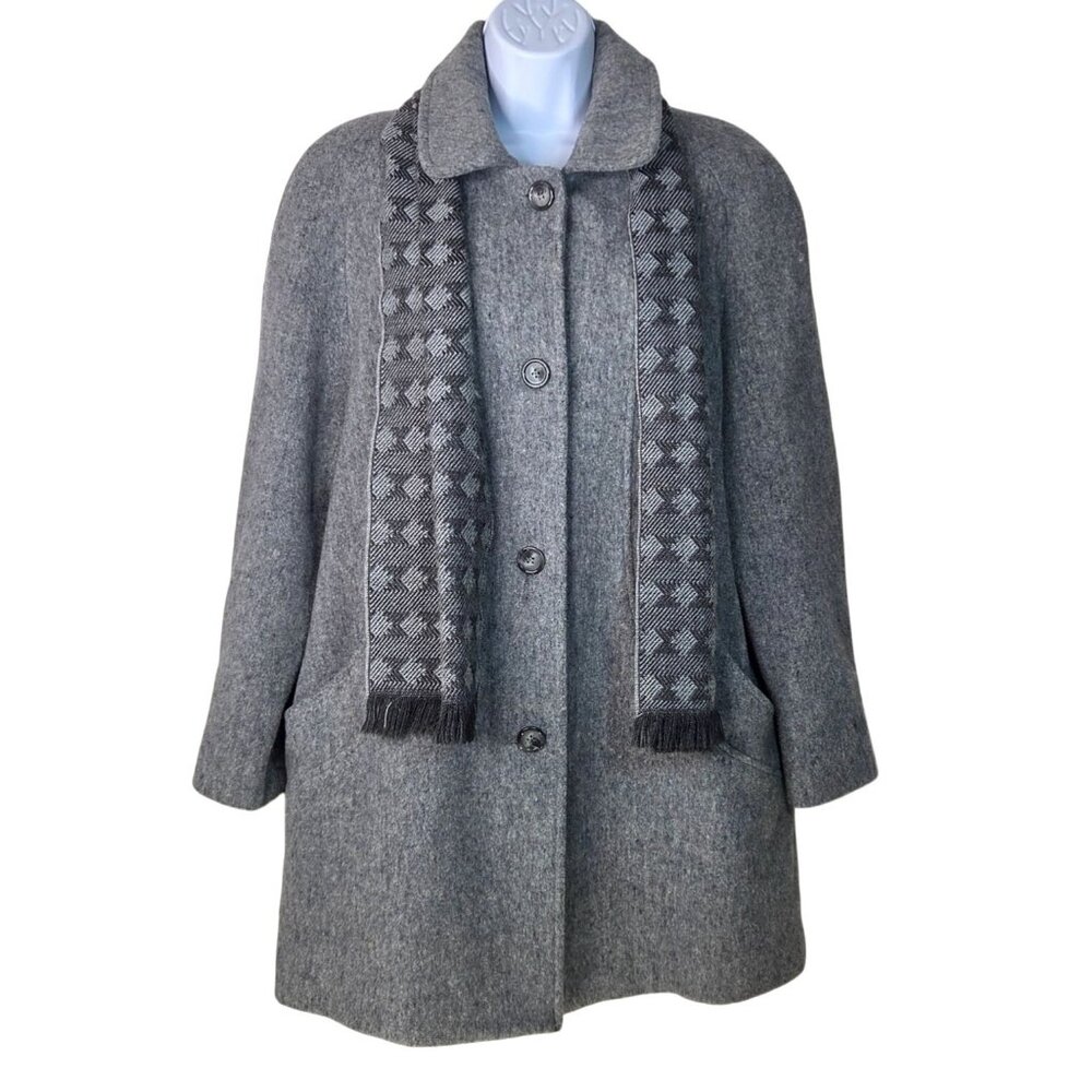 Vintage Herman Kay Womens  Gray Wool Coat Size 12 With Scarf and Pockets